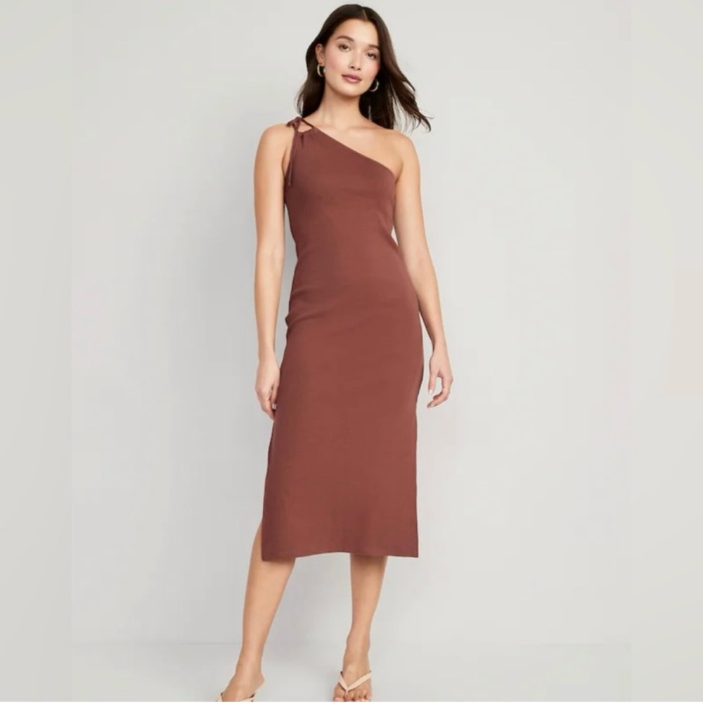 Fitted One-Shoulder Double-Strap Rib-Knit Midi Dress